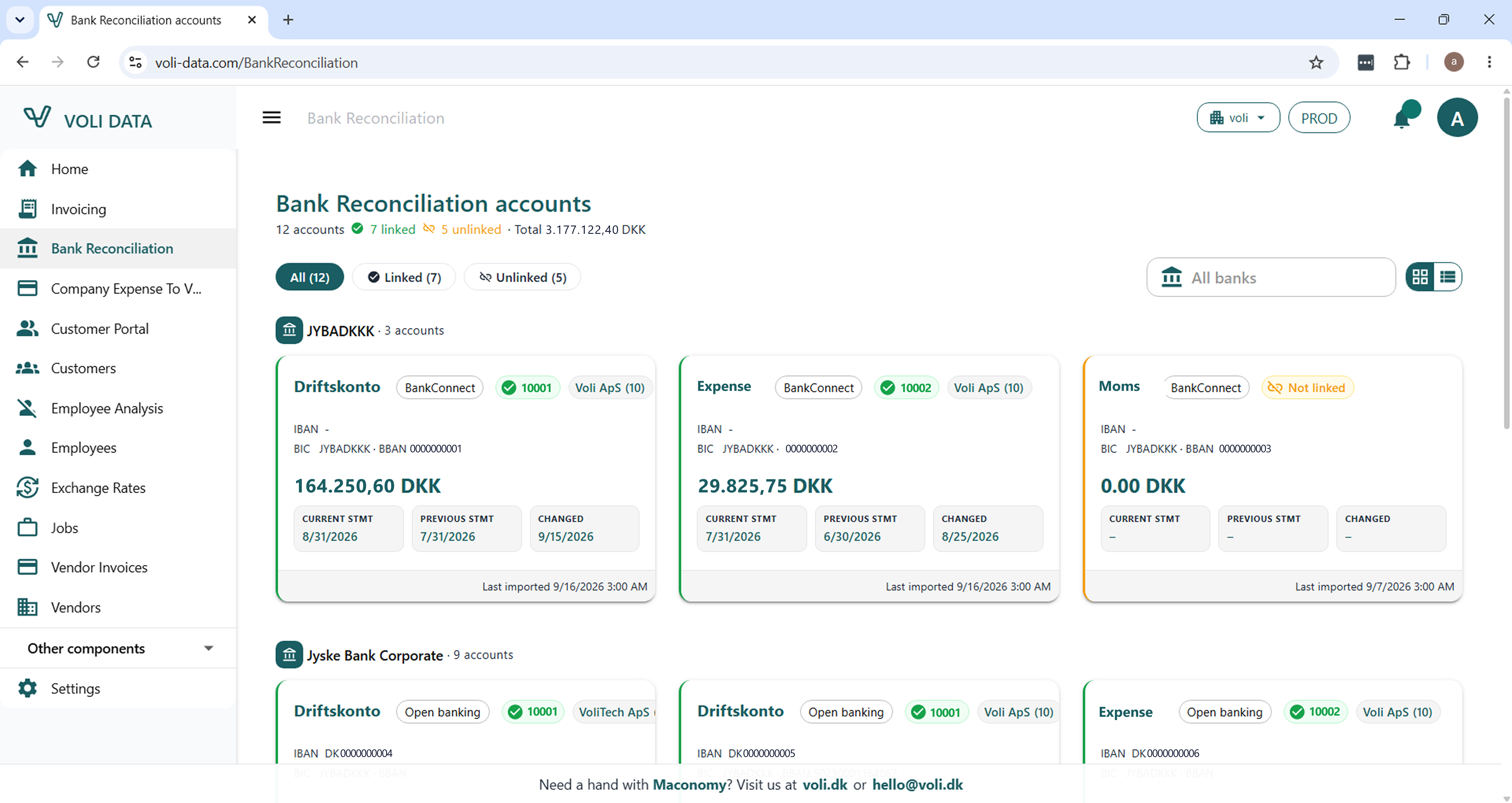 Overview of bank accounts with balances and statement dates